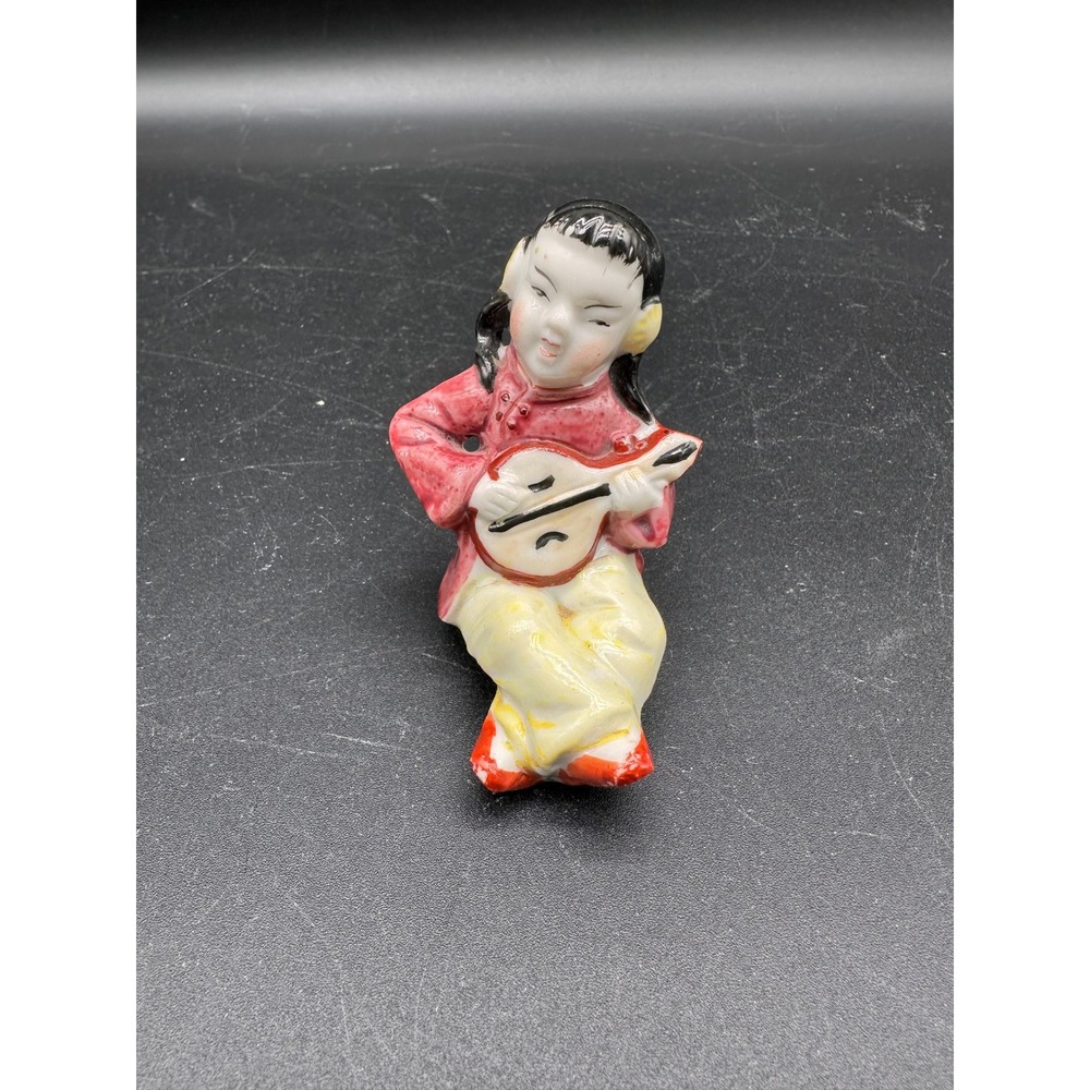 Vintage Japan Porcelain Girl Figurine Playing Lute Instrument Red Yellow Glaze